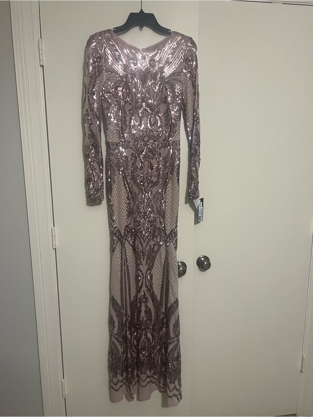 Betsy & Adam Blush Rose Gold Sequin Long Sleeve Gown
